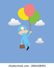 Surgeon Flying with balloons Flat Vector Cartoon Illustration