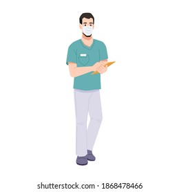 Surgeon or general practitioner wearing protective facial mask writing on papers on clipboard. Medical worker or family doctor, isolated cartoon character working in clinics. Vector in flat style