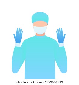 Surgeon in gloves and a mask on his face. Doctor with cap close-up. Vector illustration in trendy flat style isolated on white background