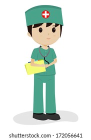 Surgeon in green uniform holding chart, vector