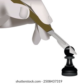 Surgeon hand holding scalpel operating on chess pawn