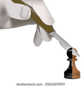 Surgeon hand holding scalpel operating on chess pawn