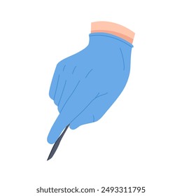 Surgeon hand in latex blue glove holding professional sharp scalpel vector illustration