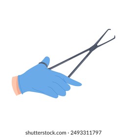 Surgeon hand in latex glove holding surgical metal tweezers during surgery vector illustration