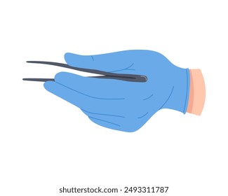 Surgeon hand in plastic glove operating with surgical instrument, holding tweezers vector illustration