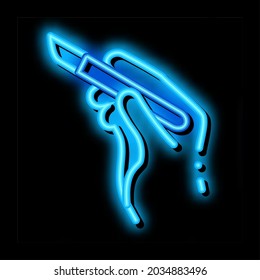 surgeon hand with scalpel neon light sign vector. Glowing bright icon surgeon hand with scalpel sign. transparent symbol illustration