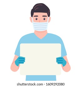 Surgeon holding blank board in his hands. Masked doctor male personage presenting sign. Specialist in gloves with empty commercial banner. Isolated vector illustration in cartoon flat style