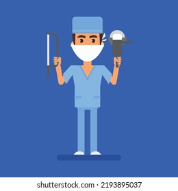 Surgeon holding hacksaw and grinder. Flat people. Vector Illustration