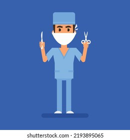 Surgeon Holding Scalpel And Scissors. Flat People. Vector Illustration