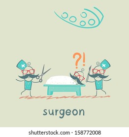 surgeon holding a scalpel and scissors and stands near the patient, who is lying on the operating table