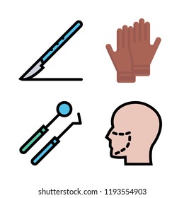 surgeon icon set. vector set about dentist tools, scalpel, plastic surgery and gloves icons set.