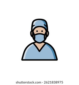 Surgeon illustration stands facing straightforward graphic