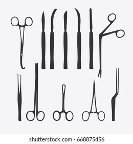 Surgeon instruments silhouettes isolated on white background. Medical tools silhouettes vector illustration.