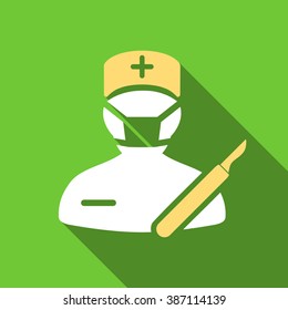 Surgeon long shadow vector icon. Style is a flat symbol with rounded angles on a green square symbol.