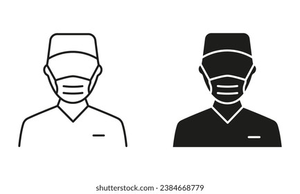 Surgeon Man Line and Silhouette Black Icons. Professional Surgeon Doctor Symbol Collection. Plastic Surgery Specialist in Medical Mask, Hospital Staff Pictogram Set. Isolated Vector Illustration.