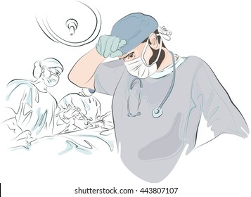 surgeon in the mask and uniform wipes his forehead after surgery tired. In the background, a sketch of the operation. The doctor finished the operation