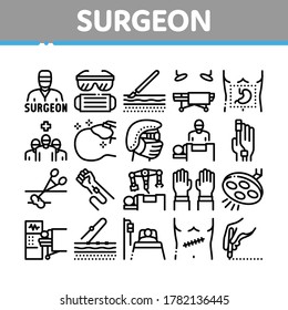 Surgeon Medical Doctor Collection Icons Set Vector. Surgeon Facial Mask And Glasses, Scalpel And Forceps, Surgical Table And Lamp Concept Linear Pictograms. Contour Illustrations