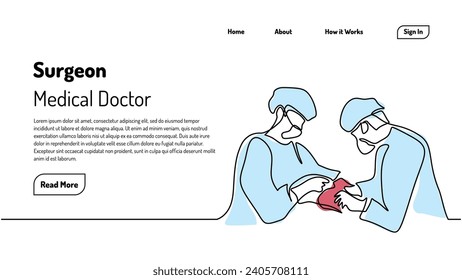 Surgeon medical doctor. Continuous one line art drawing. Landing page template with healthcare concept.