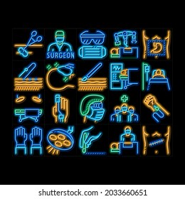 Surgeon Medical Doctor Neon Light Sign Vector. Glowing Bright Icon  Surgeon Facial Mask And Glasses, Scalpel And Forceps, Surgical Table And Lamp Illustrations