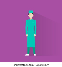 surgeon medical doctor wear green surgery scrub suit, mask and cap flat icon vector illustration