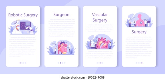 Juego de banners de aplicación móvil para cirujanos. Médico que realiza operaciones médicas