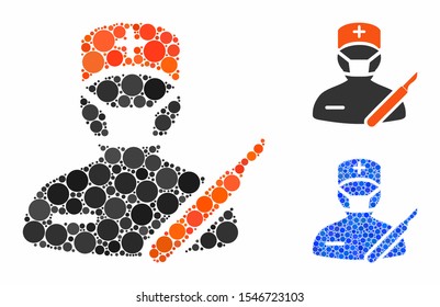 Surgeon mosaic of round dots in variable sizes and color tinges, based on surgeon icon. Vector round dots are composed into blue collage. Dotted surgeon icon in usual and blue versions.