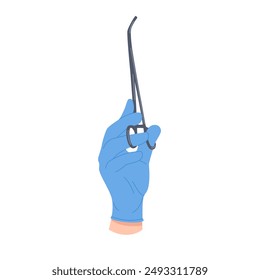 Surgeon or nurse hand in disposable blue glove holding long angled tweezers vector illustration