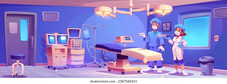 Cirujano y enfermera de pie en sala de operaciones con equipo médico e instrumentos para operación hospitalaria. Cámara clínica vectorial de dibujos animados con mesa y lámpara, aparatos para controlar la salud del paciente.