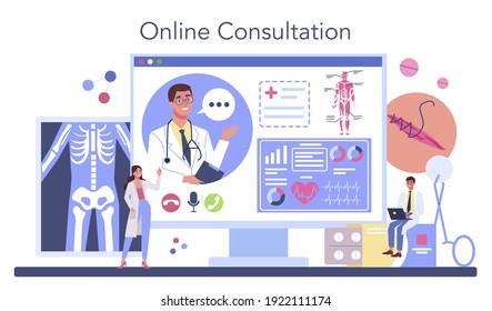 Surgeon online service or platform. Doctor performing medical operations. Idea of health and medical treatment. Online consultation. Isolated flat vector illustration