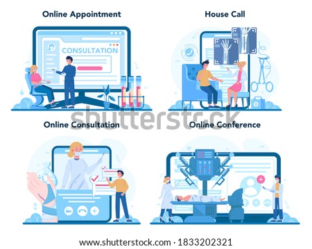 Surgeon online service or platform set. Doctor performing medical operations. Professional medical specialist. Idea of health and medical treatment. Isolated flat vector illustration