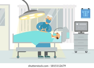 Surgeon Operating Male Patient on Table Under Glowing Lamp, Medical Hospital Surgery Operation Room Interior Cartoon Vector Illustration