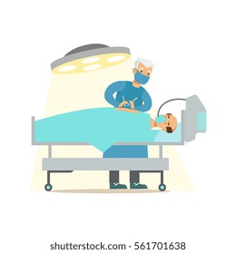 Surgeon Operating On Unconcious Patient In Surgery Room, Hospital And Healthcare Illustration