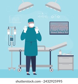 Surgeon in operating room.  Medical staff in hospital. Doctor wearing professional uniform. Cartoon male character. Clinic equipment, surgery preparation. Room interior. Flat vector illustration