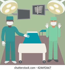 Surgeon in the operating room with a partner. Illustration with shadowless lamps, monitors, couch, surgical instruments and doctors. 