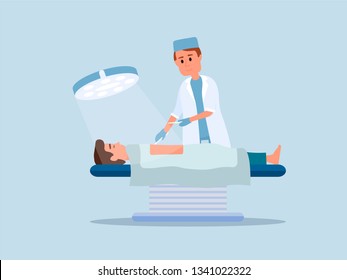 Cirujano en ilustración vectorial de sala de operaciones. Doctor sosteniendo instrumentos quirúrgicos de clipart plana. Caricatura con fórceps y cuero cabelludo. Paciente inconsciente en la cama. Cirugía profesional