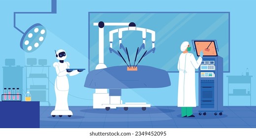 Surgeon in operation room using innovative artificial intelligence equipment with robotic assistant helping him flat vector illustration