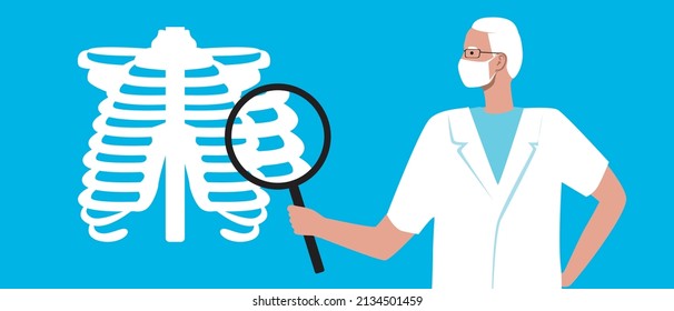 Surgeon or orthopedist with magnifying glass and diagnosis of diseases of musculoskeletal system. Flat vector stock illustration. Doctor in white coat during treatment of skelate and bones
