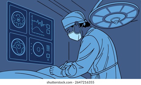Surgeon performing intricate surgery in an operating room, aided by advanced medical technology and vital sign monitoring. Healthcare and precision in action.