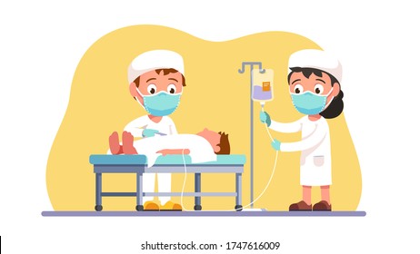 Surgeon performing operation on ill man & assistant setting up dropper. Doctors kids in masks treating patient in hospital. Health care, medicine & surgery. Flat vector illustration