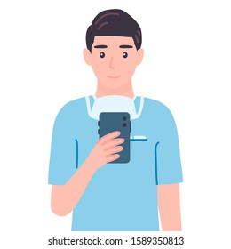 Surgeon with phone. Doctor male personage use smartphone. Medic with gadget Isolated vector illustration in cartoon flat style