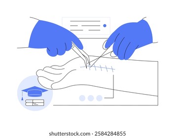 Surgeon practice isolated cartoon vector illustrations. Young medical student make sergeon operation, patient treatment, stitch off with suture wound, higher education vector cartoon.