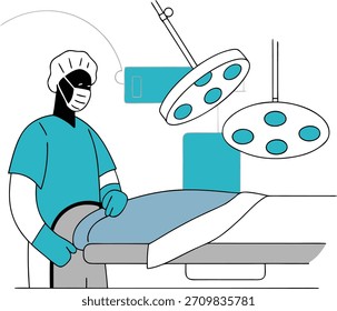Chirurg in Scrubs Durchführung Operation unter hellen chirurgischen Lichtern im Operationssaal