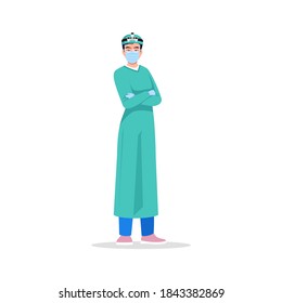 Surgeon Semi Flat RGB Color Vector Illustration. Surgeon Professional Worker. Hospital Staff. Young Chinese Woman Working As Surgery Physician Isolated Cartoon Character On White Background