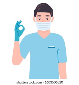 Surgeon showing a gesture Okay. doing positive gesture OK. Masked doctor male personage agree emotion. Specialist in gloves Isolated vector illustration in cartoon flat style