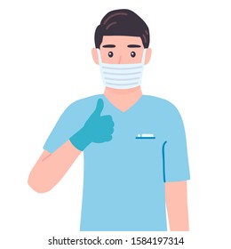 Surgeon showing thumbs up sign. Like, cool gesturing. Masked doctor male personage  agree, approve, accept, deal. Specialist in gloves Isolated vector illustration in cartoon flat style