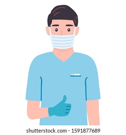 Surgeon showing thumbs up sign. Like, cool gesturing. Masked doctor male personage  agree, approve, accept, deal. Medic in gloves Isolated vector illustration in cartoon flat style