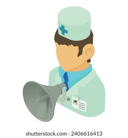 Surgeon speech icon isometric vector. Male surgeon character with loudspeaker. Public speaking, announcement