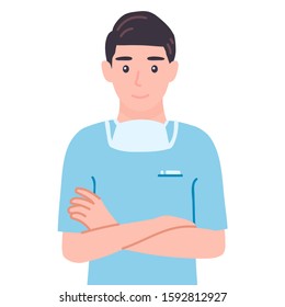 Surgeon standing with arms crossed. Masked doctor male personage health care leader with his arms folded. Medic in confident pose Isolated vector illustration in cartoon flat style