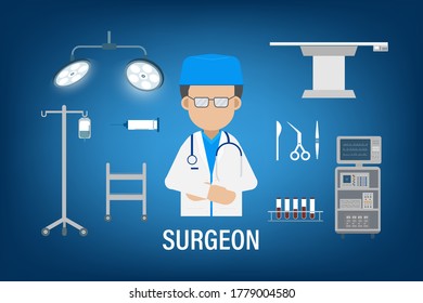 Surgeon with surgery equipment flat design vector illustration