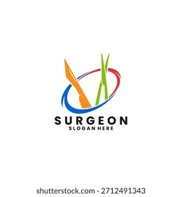 Cirujano con tijeras quirúrgicas y Plantilla de diseño de logotipo de línea circular abstracta. Vector de diseño de logotipo de cirujano